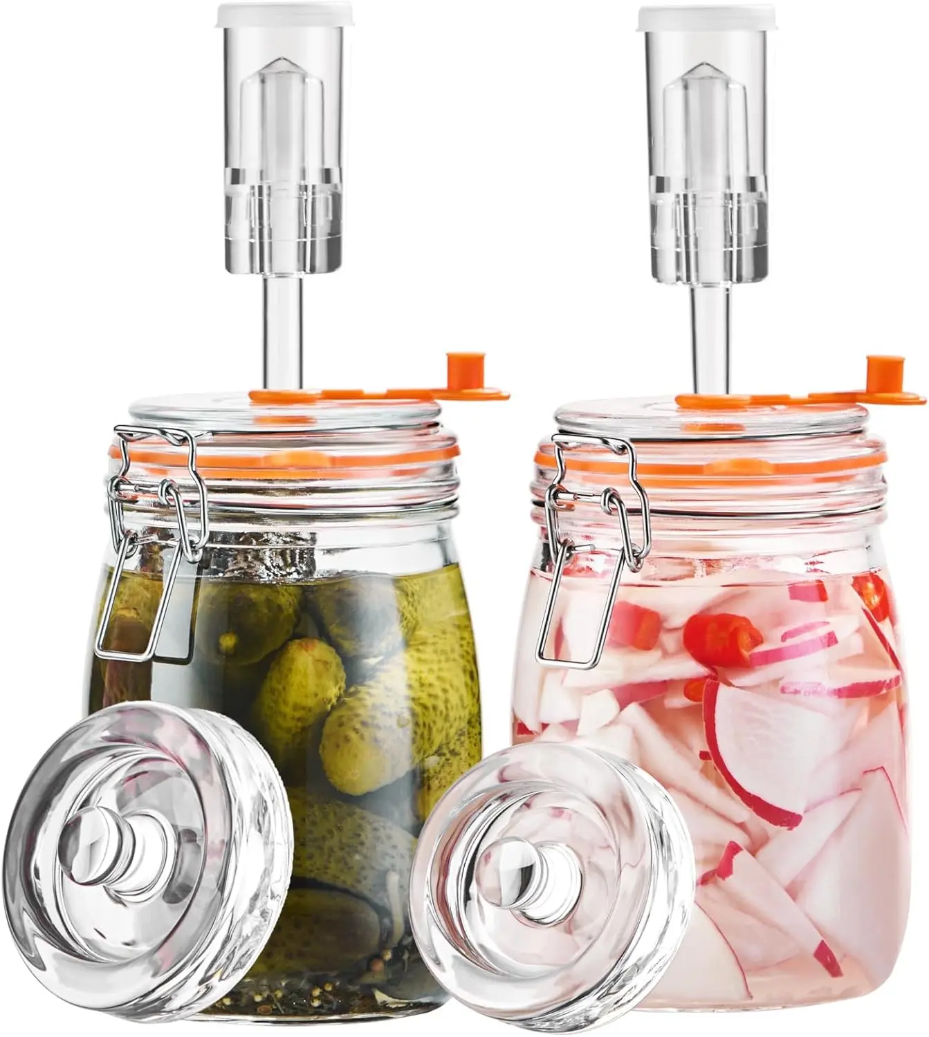 Fermentation Jars, 1.1L Fermenting Kit with Airlocks &Glass Weights, 2-Pack | Wide-Mouth Jars with Self-Burping Airlocks and Glass Weights for Sauerkraut, Kimchi, Pickles and Other Ferments
