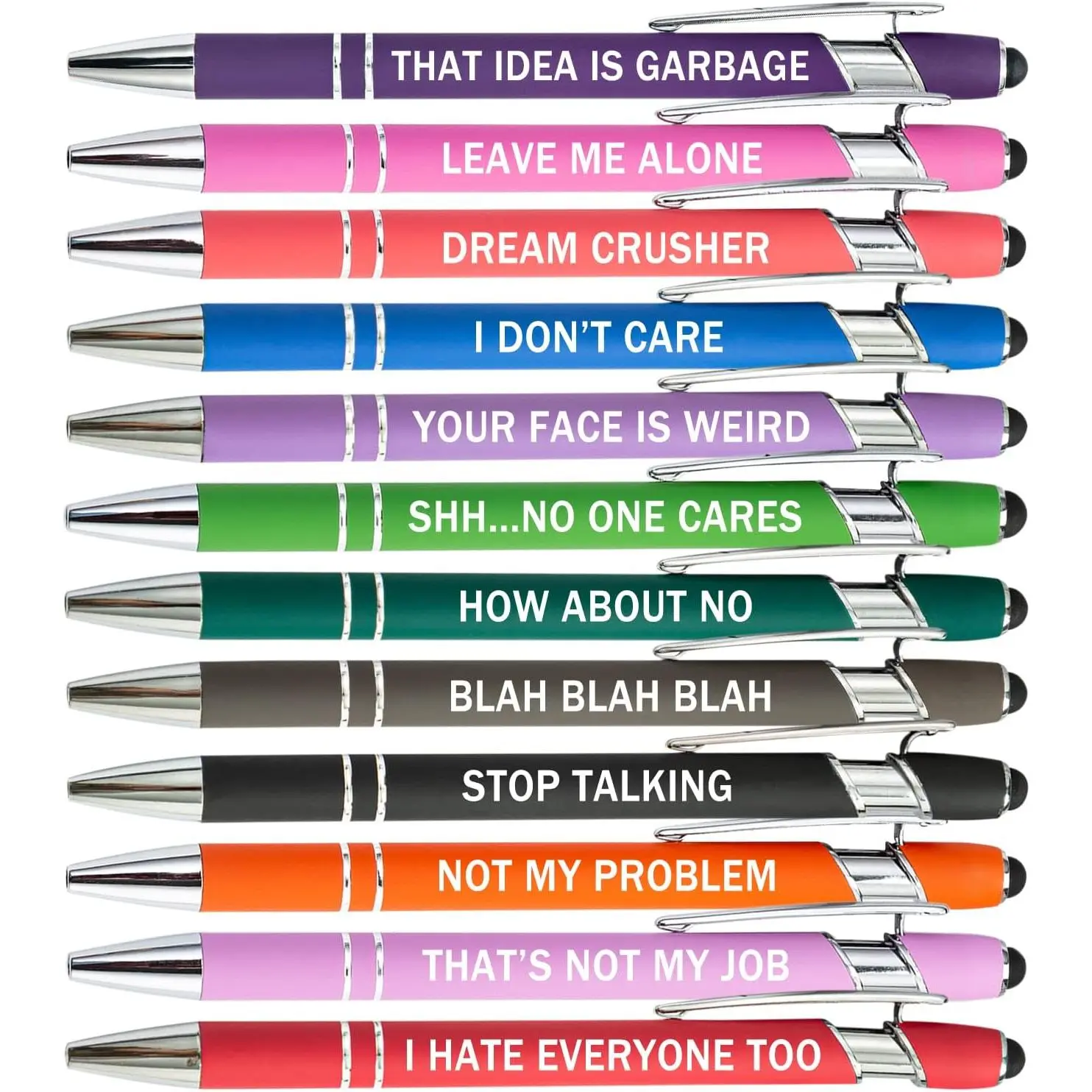 12 count Funny Sarcastic Ballpoint Pens, Office Snarky Touch Screen Stylus Pen Encouraging, Black Ink (12 Color,Negative)