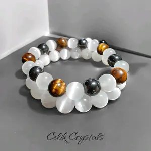Selenite Charged Bracelet Stack with 10mm Selenite, Tiger Eye & Hematite Beads for Spiritual Protection stretch bracelet Trendy Jewellery Accessories