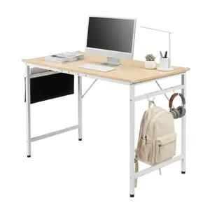 Oak Finish Industrial Computer Desk with Non-Woven Storage, 47 Inch P2 Particle Board Top with Iron Frame, 120CM Cut-Off Design Home Office Workstation