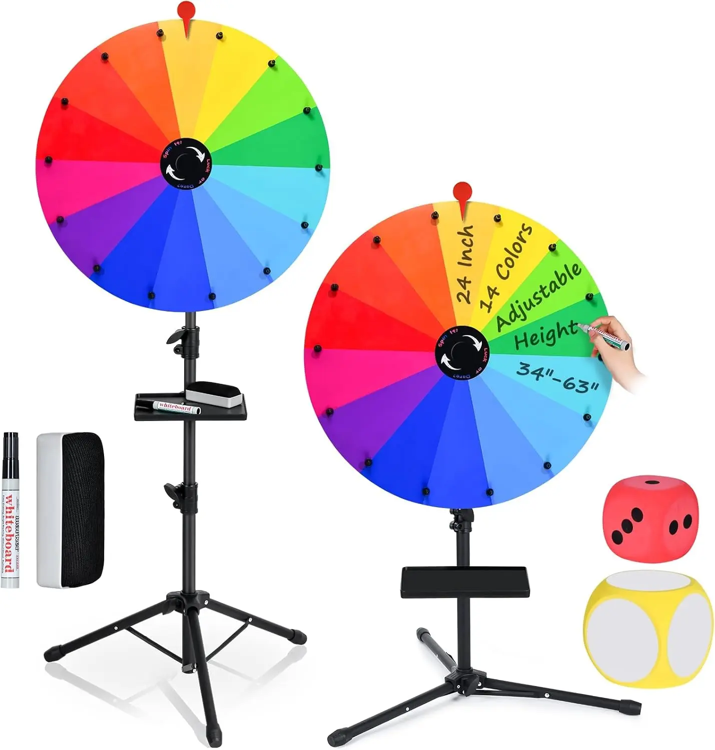 24 Inch Prize Wheel Spinner with Stand, Ajustable 34"-63" Height Heavy Duty Spinning Wheel for Prizes, Spin The Wheel Game for Tabletop or Floor, Suitable for Trade Show, Family, 14 Colors