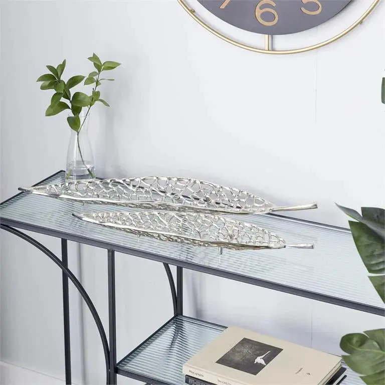 Silver Metal Leaf-Shaped Decorative Tray - Set of 2