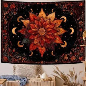 1pc,Mandela Moon And Star Tapestry, Bohemian Style Bedroom Tapestry, Black And Orange Tapestry Wall Hanging, Living Room Wall Art And Home Decor