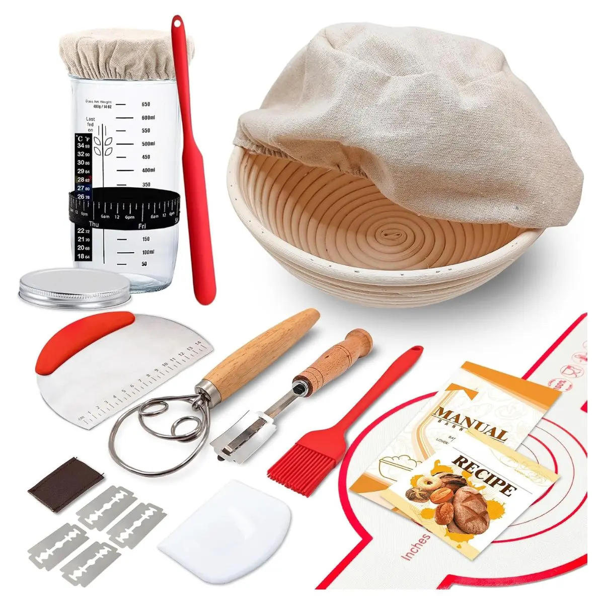 Complete Sourdough Starter Kit with 9 Inch Banneton Proofing Basket and Jar