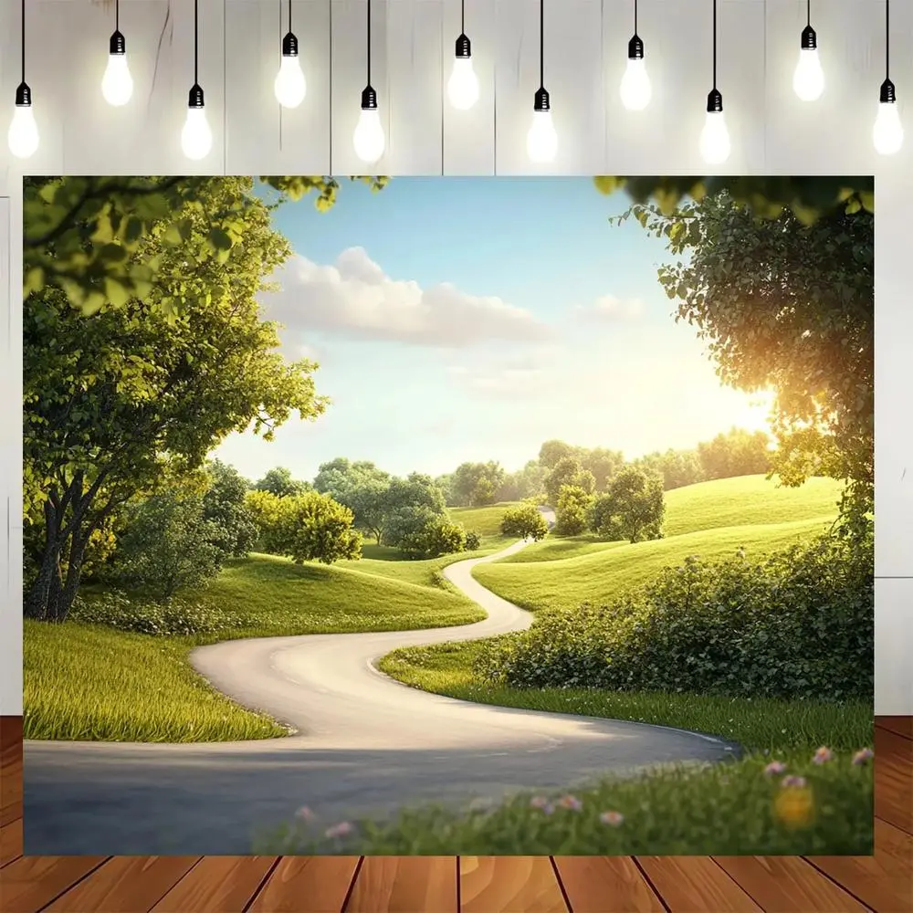 2D Flat Banner Polyester Photography Backdrop, botanical Hills Winding Road Landscape Design, Soft Lightweight Foldable HD Digitally Printed Background Cloth for Studio Photoshoots, Video Backgrounds, Product Photography, Portrait