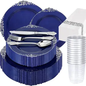 95-Piece Blue Silver Plastic Dinnerware Set, Elegant Tableware Kit for 10 Guests, Includes Plates Cutlery Napkins Cups, Perfect for Parties Festivals