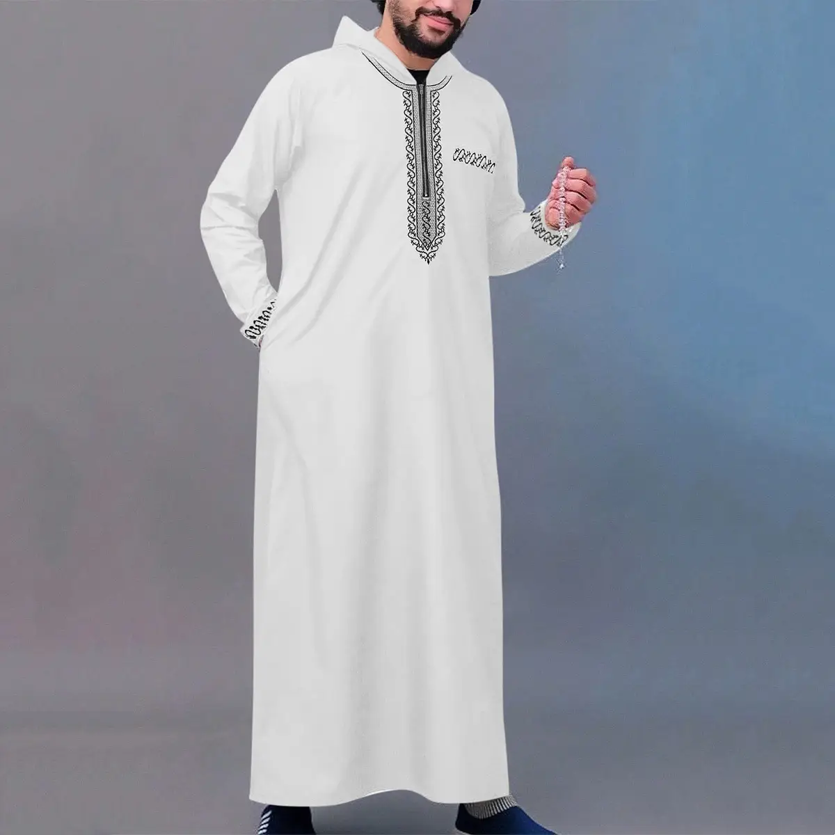 New Muslim Men Hooded Robe Luxury Embroidered Long Sleeve Thobe Middle Eastern Jubba Sobhi traditional arabic thobe menabaya
