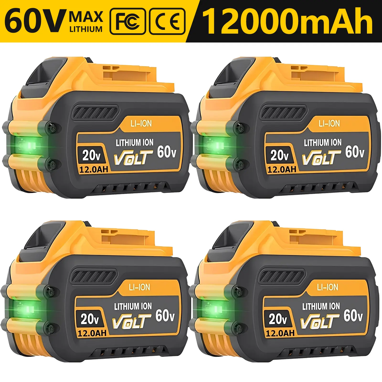 4-Pack Dual-Voltage 20V/60V MAX 12.0Ah High-Capacity Lithium-Ion Upgraded Replacement Batteries for Dewalt Cordless Power Tools, Compatible with DCB606-DCB609-DCB612, FCC-Certified, Dust-Resistant, Overheating Protection, Durable Construction, Lithium Ion