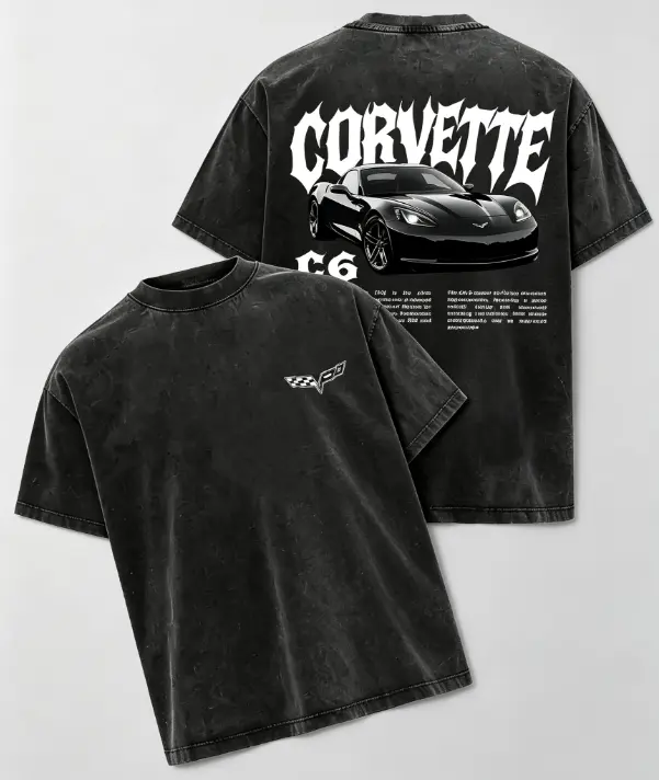 Oversized Graphic T-Shirt with Vintage Washed Corvette C6 Print, Soft Cotton Casual Streetwear for Men