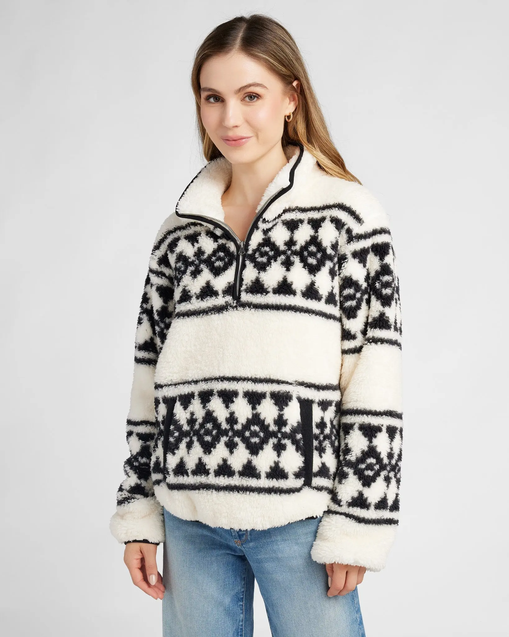 Women's Printed Sherpa Quarter-Zip Hoodie, Casual Tops, Comfortable Sweatshirts, Kangaroo, Pullover, Geometric, Tribal, Aztec Pattern, Clothes, Bold Look
