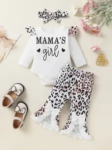 3-piece Set Of Elegant, Sweet, Comfortable And Cute Flying Sleeve Letter Printed Jumpsuit And Leopard Print Trumpet Belt Headband For Baby Girls, Suitable For Casual Daily Vacation Parties