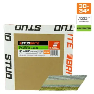 StudBrite 3 Inch x 0.120 Inch 30-34-Degree Hot Galvanized Ring Shank Paper-Tape Framing Nails 2,500 Per Box