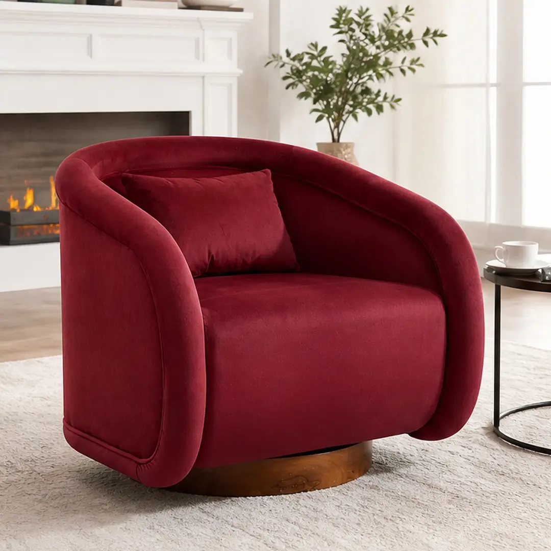 ARCH Swivel Accent Chair 360 Degree Barrel Chair with Velvet Fabric Upholstery Comfy Pumpkin Shaped Armchair for Living Room Bedroom Office Wine Red, WINE RED Color Options, Fabric/Foam+Spring/Rubber Wood Material, Modern Style, Color: WINE RED