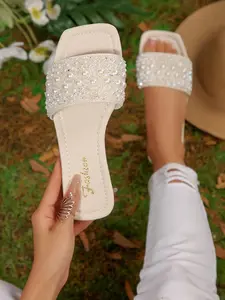 Women's Soft Sole Slip-On Sandals, Rhinestone Decor Flat Slippers, Elegant Dress Shoes, Fashion Beach Shoes, Non-Slip Home Slippers, Classy Sandals