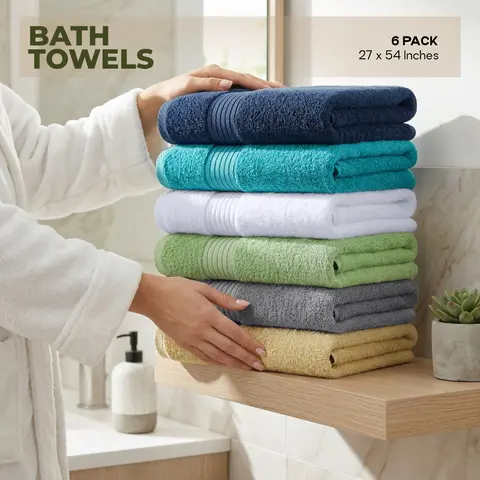 Utopia Towels 6-Pack Full-Size Bulk 100% Combed Ring-Spun Cotton Fabric Bath Towels - Soft Absorbent, Quick-Drying, Contemporary, Unisex, Long-Lasting Quality All-Season Bathroom Linens (27x54 in)