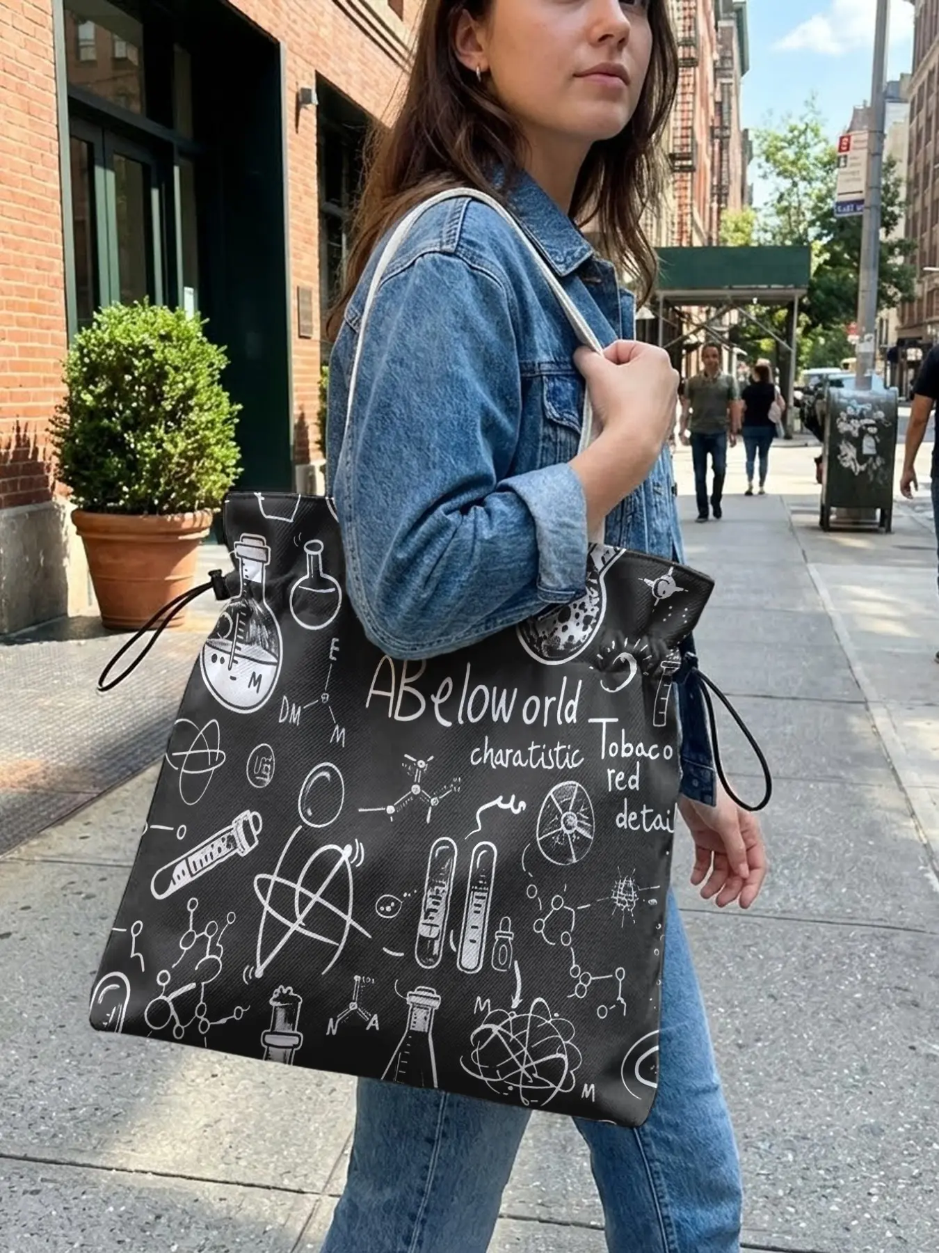 Chemical Reagent Pattern Drawstring Tote Bag, Large Capacity Shopping Bag, Durable and Wear-Resistant, Random Print, All Seasons