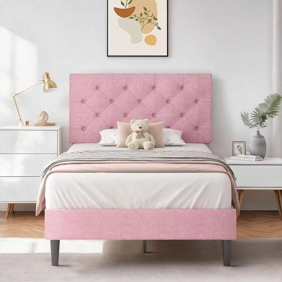 Upholstered Bed Frame With Headboard, Linen Fabric Bed Frame With Button Tufted Headboard, No Box Spring Needed, Easy Assembly, Twin/ Full/ Queen/ King, Beige/ Pink/ Dark Grey/ Grey/ Blue/ Cream/ Black