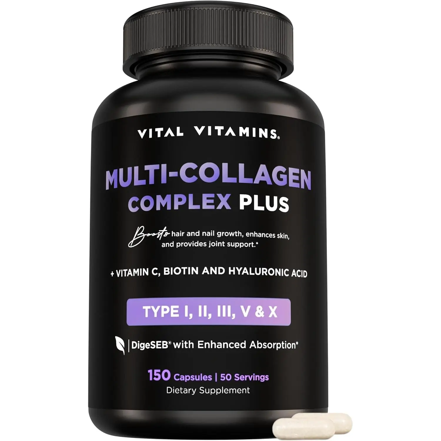 Multi Collagen Complex Plus with Biotin Hyaluronic Acid Vitamin C Type I II III V X Collagen Peptides 150 Capsules Supplement for Women and Men Hair Skin Nails Anti Aging Bone Joint and Immune Health Support