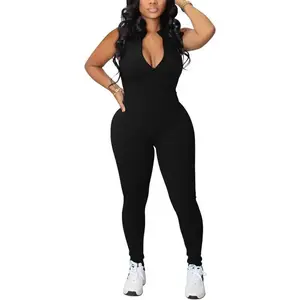 Jumpsuits For Women Sexy V Neck Workout Sleeveless Ribbed Rompers Plus Size Summer Casual Outfits Clothes(Sheet)
