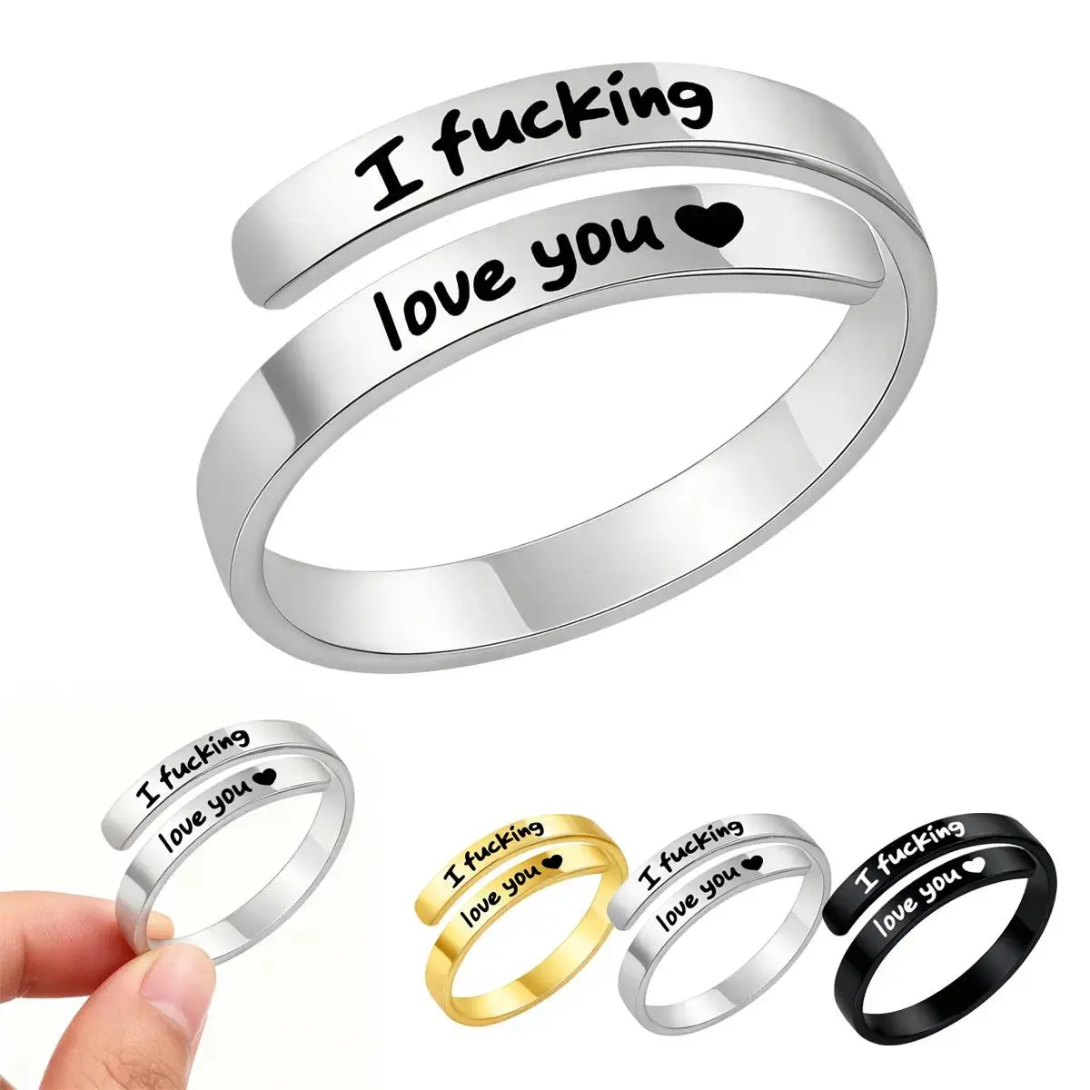Women's Open Adjustable Stainless Steel Promise Ring - Engraved Heart Spiral Wrap Twist Vintage Costume Jewelry, Meaningful Gift for Boyfriend, Inspirational Fashion Accessory