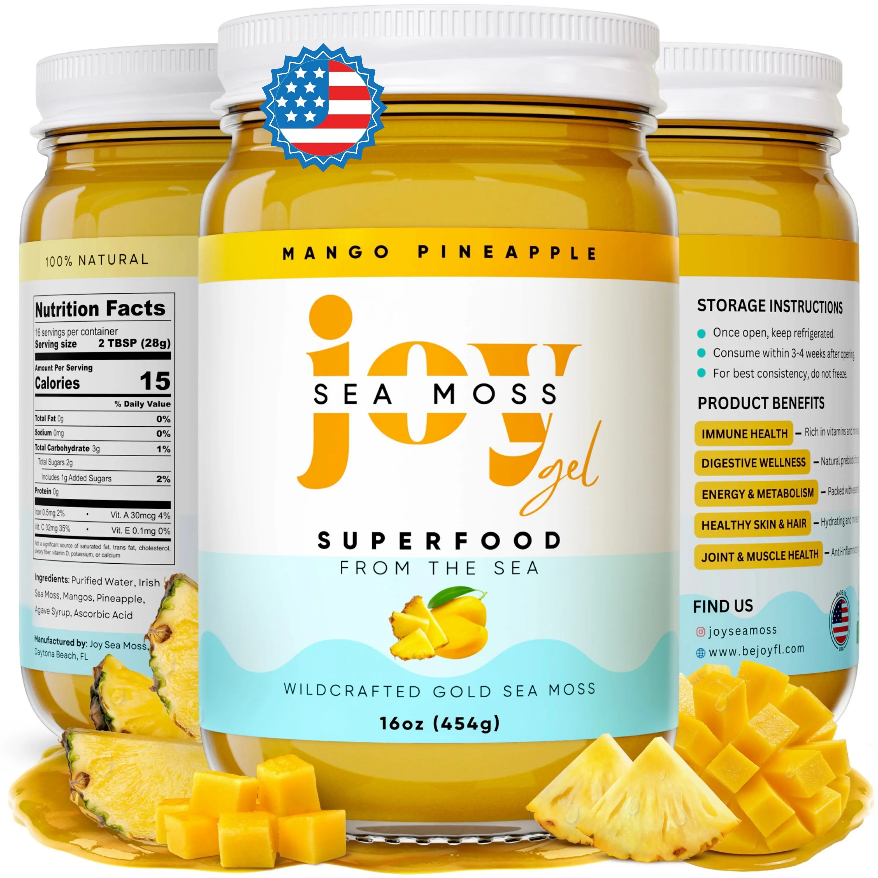 Joy Sea Moss Gel 16 oz Mango Pineapple Superfood Rich in Vitamins Minerals Made in USA Nutritional Supplement