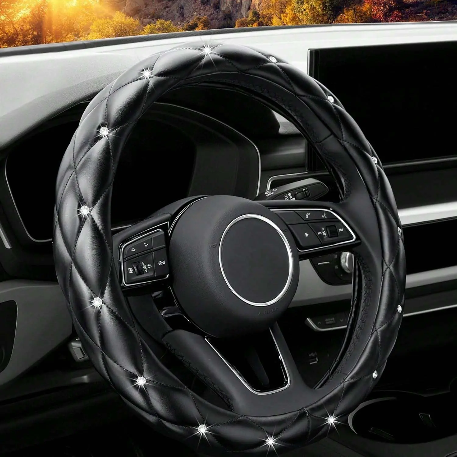 YASEENLIN Bling Non-Slip Elastic PU Leather Steering Wheel Cover - Sparkling Diamond Accents, Universal Stretch Fit, Car Accessories for Women/Girls, Driving & Car Steering Wheel Insert Accessories