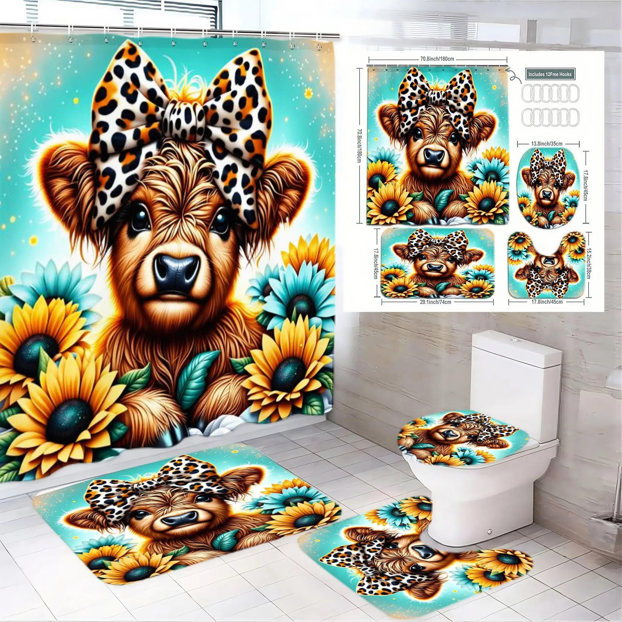 4pcs Whimsical Fluffy Dog Bathroom Decor Set, Leopard Bow, Bright and Blue Flowers, Vibrant Turquoise Background, Colorful Shower Curtain, The floor mat fabric is thicker and softer! Cheerful Spring Theme