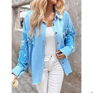 Button Hem Raw Collar Down - Turn Fall ChicMe Spring Contrast Sequin Front Shacket