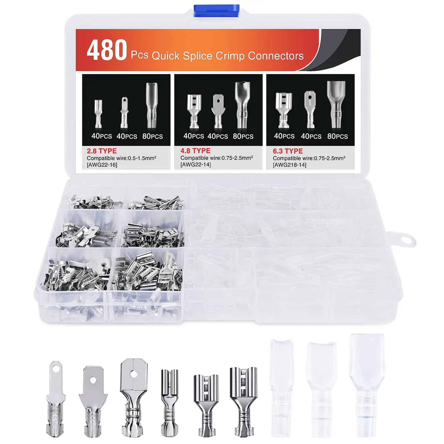Nilight 480 Pcs Insulated Male and Female Spade Terminals Assortment - 4.8mm/6.3mm Tin-Plated Open Barrel Copper Crimp Connectors & Terminals, Insulated Sleeves, Anti-Oxidation, Great Conductivity, for 22-14 Gauge Electrical & Automotive Wiring Projects