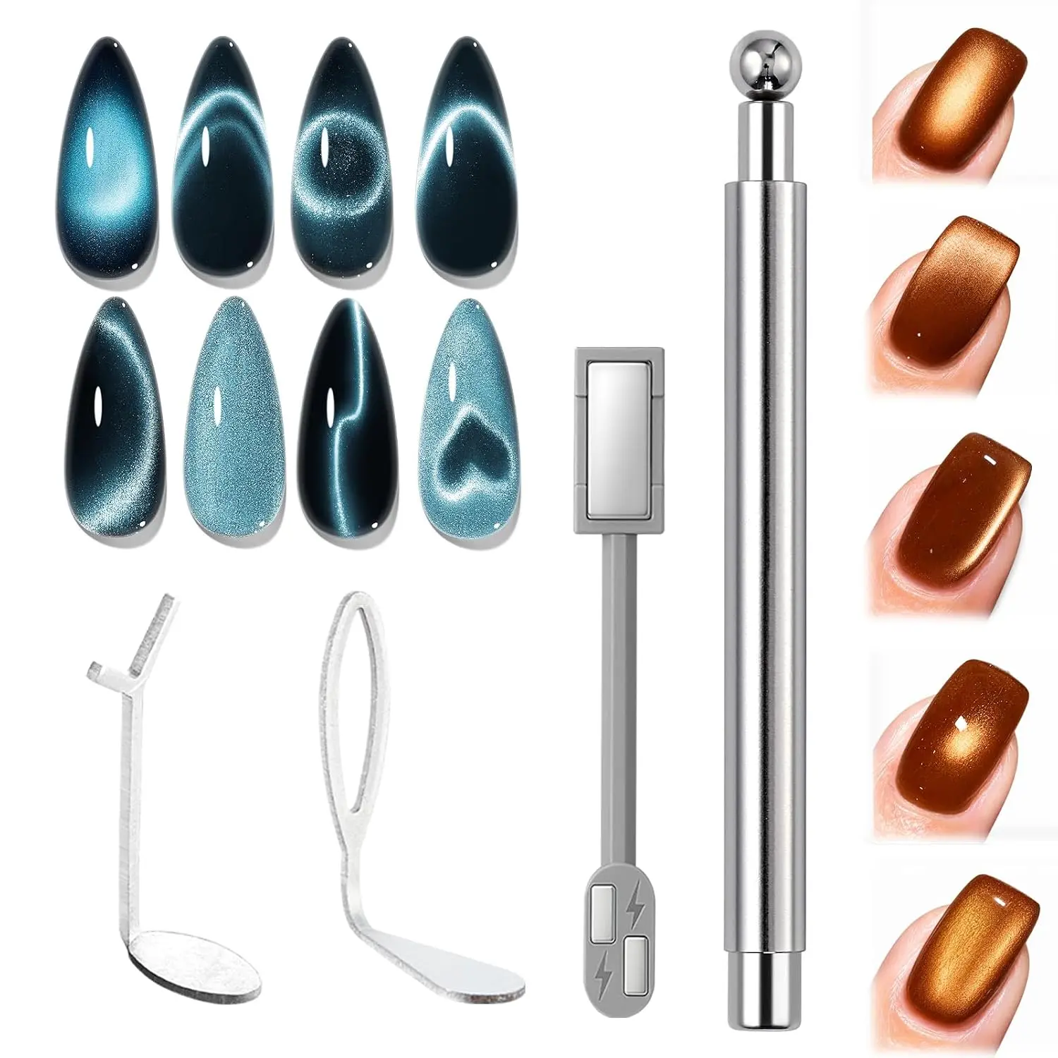 Modelones Cat Eye Magnet for Fall Cateye Gel Polish Nail Stuff | 5PCS Sliver Nail Magnet 3-in-1 Dual-head Magnet Pen Heart Lightning Side Light Wide Light Glass Glow Effects Nail Art Tool