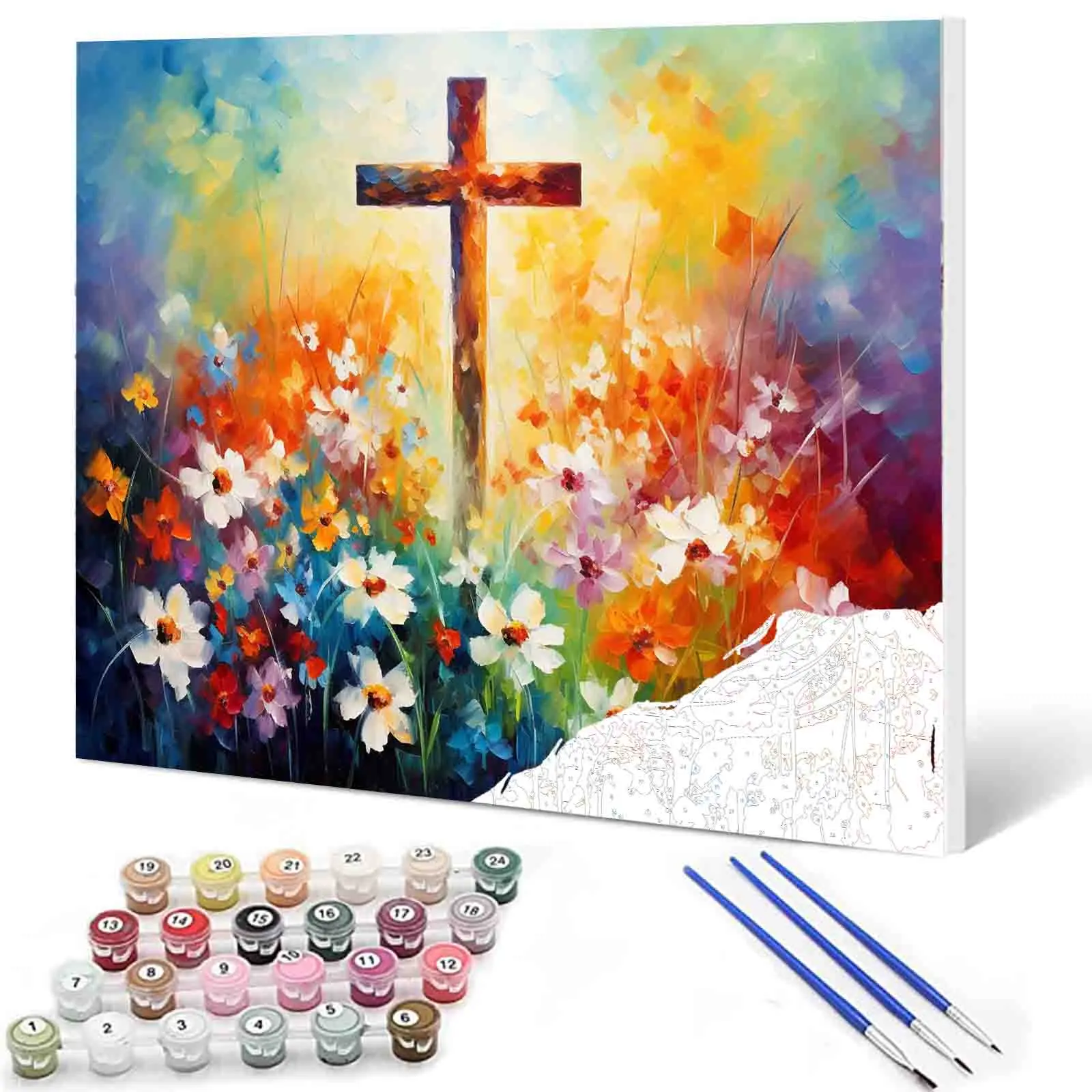 Cross and Flowers Paint by Numbers – Peaceful Symbolic DIY Painting Kit, Acrylic Art for Beginners, 16x20inch (40x50cm)