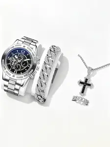 Men's Watch Set with Blue Light Glass Quartz Movement, Classic Alloy Fashionable Wristwatch Necklace Ring Bracelet Jewelry Gift Option