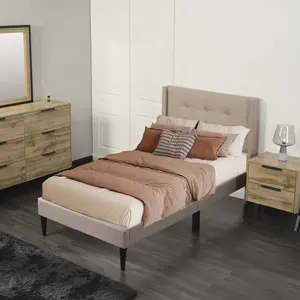 Twin Bed Frame with Upholstered Headboard for Teens Adults, Beige, No Box Spring Required