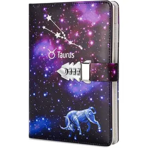 A5 Creative Password Lock Journal PU Leather Combination Lock Diary Locking Diary Notepad (Taurus)
