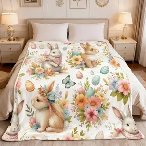 Soft Comfortable Easter Theme Flannel Throw Blanket Featuring Cute Bunny & Eggs Lightweight Cozy Blanket for Kids & Adults Spring Holiday Home Decor for Sofa Bed summerwins