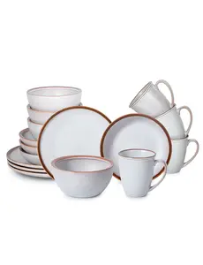 Table 12 Maldan 16-Piece Dinnerware Set, Service for 4, Coupe Shaped Stoneware Dinnerware with Reactive Glaze, Off-White with Coffee Brown Rim, Dishwasher and Microwave Safe, TD16YN