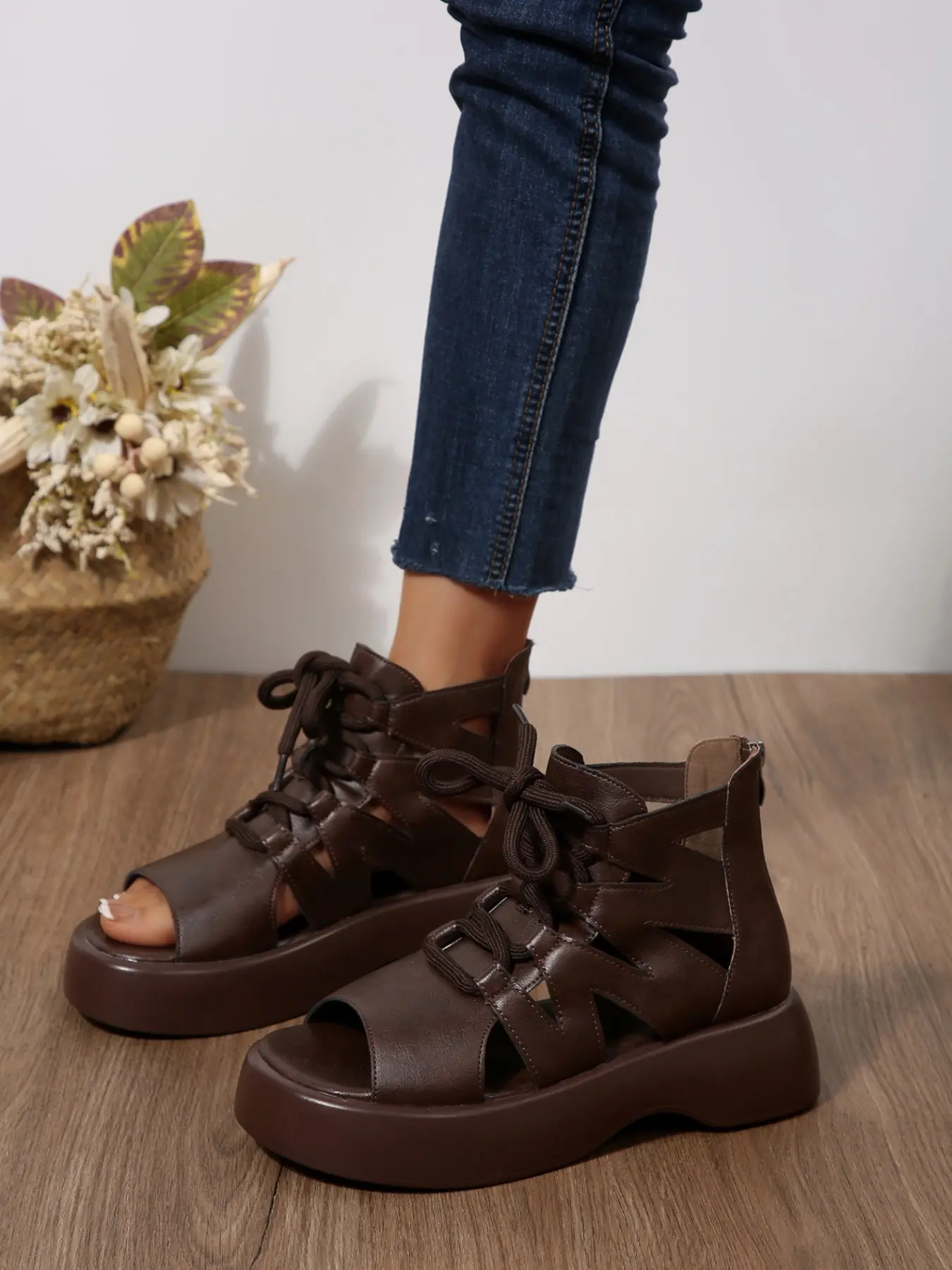 New Vintage Summer Thick Sole Roman Sandals for Women, Hollow Lace-Up Fish Mouth Shoes, Height Increasing Platform High Heels
