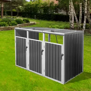 Garbage Bin Shed Stores 3 Trash Cans Metal Outdoor Bin Shed for Garbage Storage,Grey