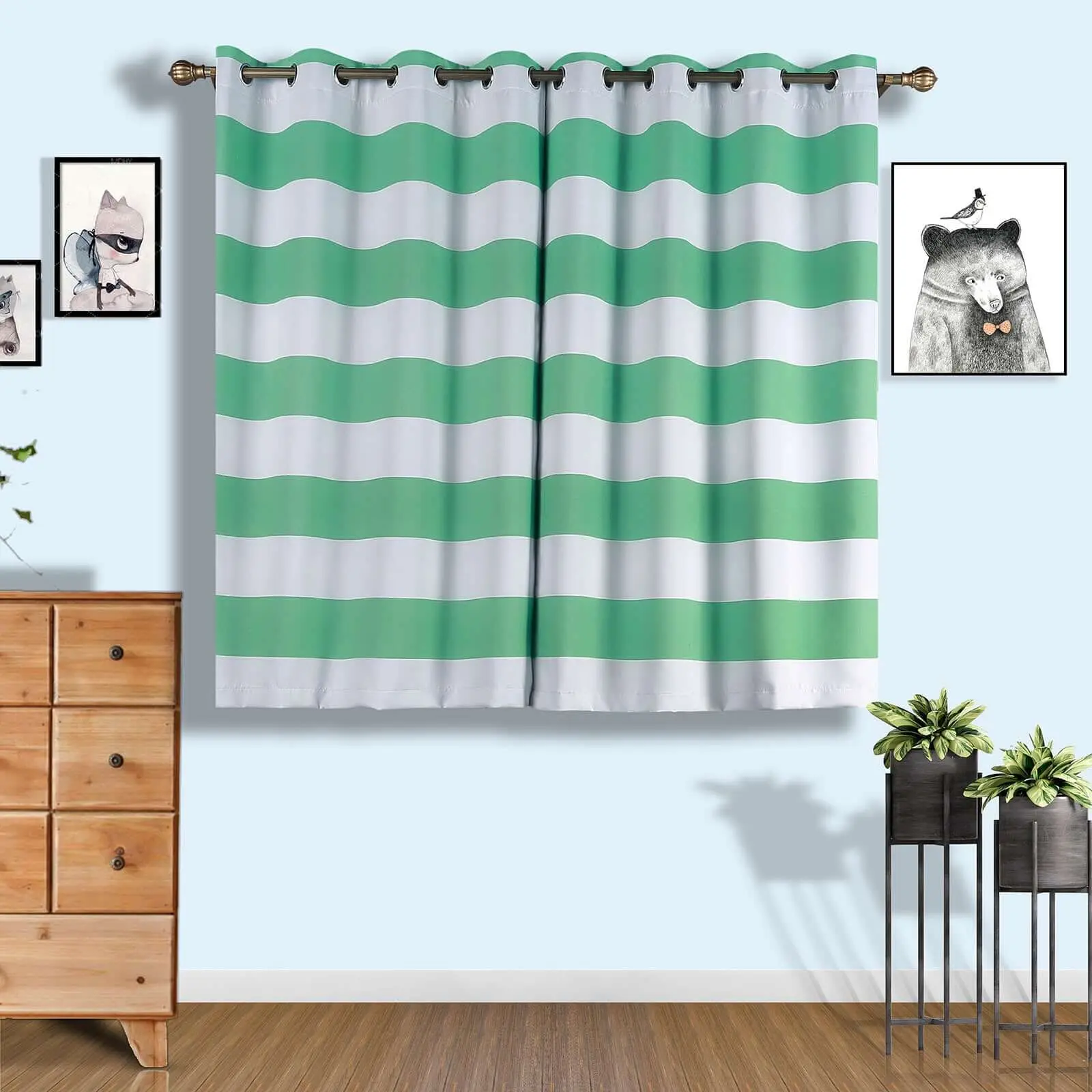 2-Piece Cabana Stripe Thermal Blackout Grommet Curtains, White/Mint, Noise Cancelling, Soundproof, 52"x64", Bedroom Privacy Grommets Curtains, Soundproof Curtains, 2-Piece Curtains