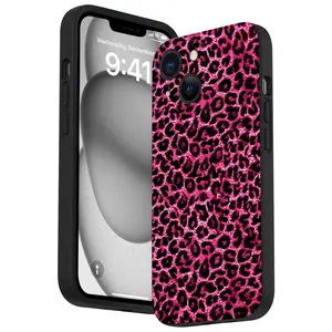 Pink Cheetah Pattern Straight Edge Phone Case for iPhone 16 15 14 Pro Max 13 12 11 XR XS Plus Shockproof Drop Protective Rugged Durable Silicone Cover Cellphone Protective