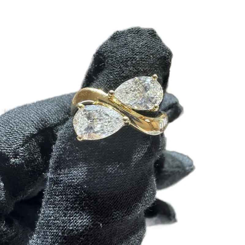 Double Pear Lab-Grown Diamond Ring Wavy Band 14KT Yellow Gold 2.23CT FG VS Modern Elegance Contemporary Jewelry