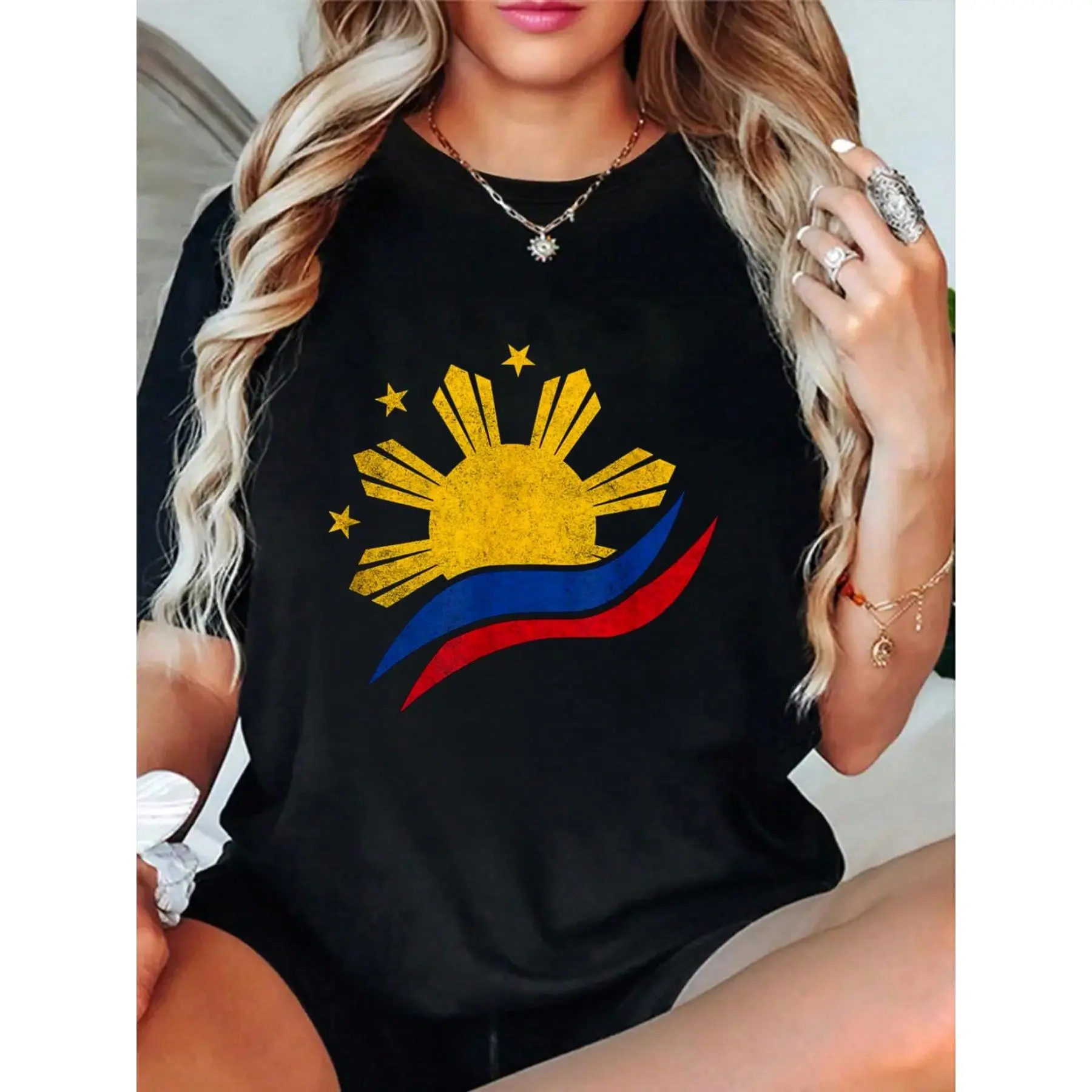Women's 100% Cotton Knitted Round Neck Short-Sleeve T-Shirt - Philippine Pinoy Pride Sun Stars Graphic, Fashion Common Style, Letters Plants Print, Soft Breathable Loose Fit, Casual Streetwear Daily Wear, Graphic Tee