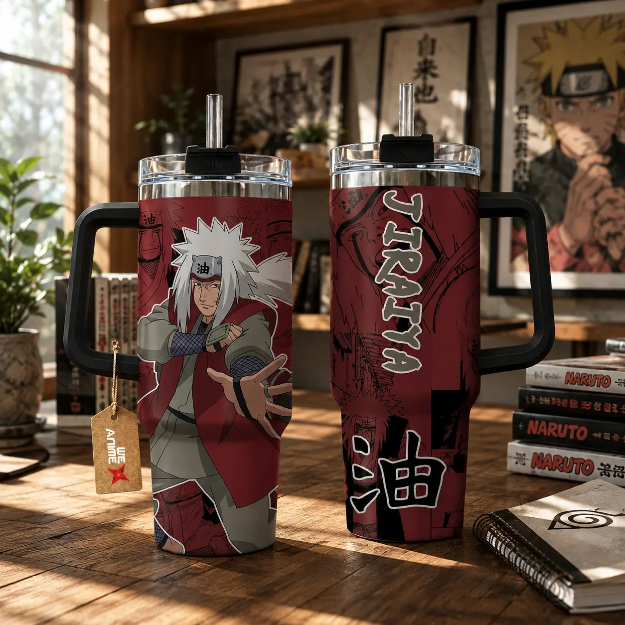 Jiraiya 40oz Tumbler With Handle & Straw, Insulated Stainless Steel Travel Mug, Jiraiya Anime Manga Tumbler, Shippuden Inspired Cup, Leakproof Large Capacity Water Tumbler for Hot & Cold Drinks