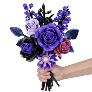 Purple rose bouquet building set suitable for adults and women, elegant artificial flowers, botanical series building block set, suitable for home decoration, ideal choice for Valentine's Day
