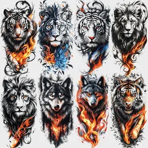8 Sheets Flame Temporary Tattoo Stickers, Realistic Fire Lion Tiger Wolf Designs, Halloween Half Sleeve Tattoos for Adults Men Women