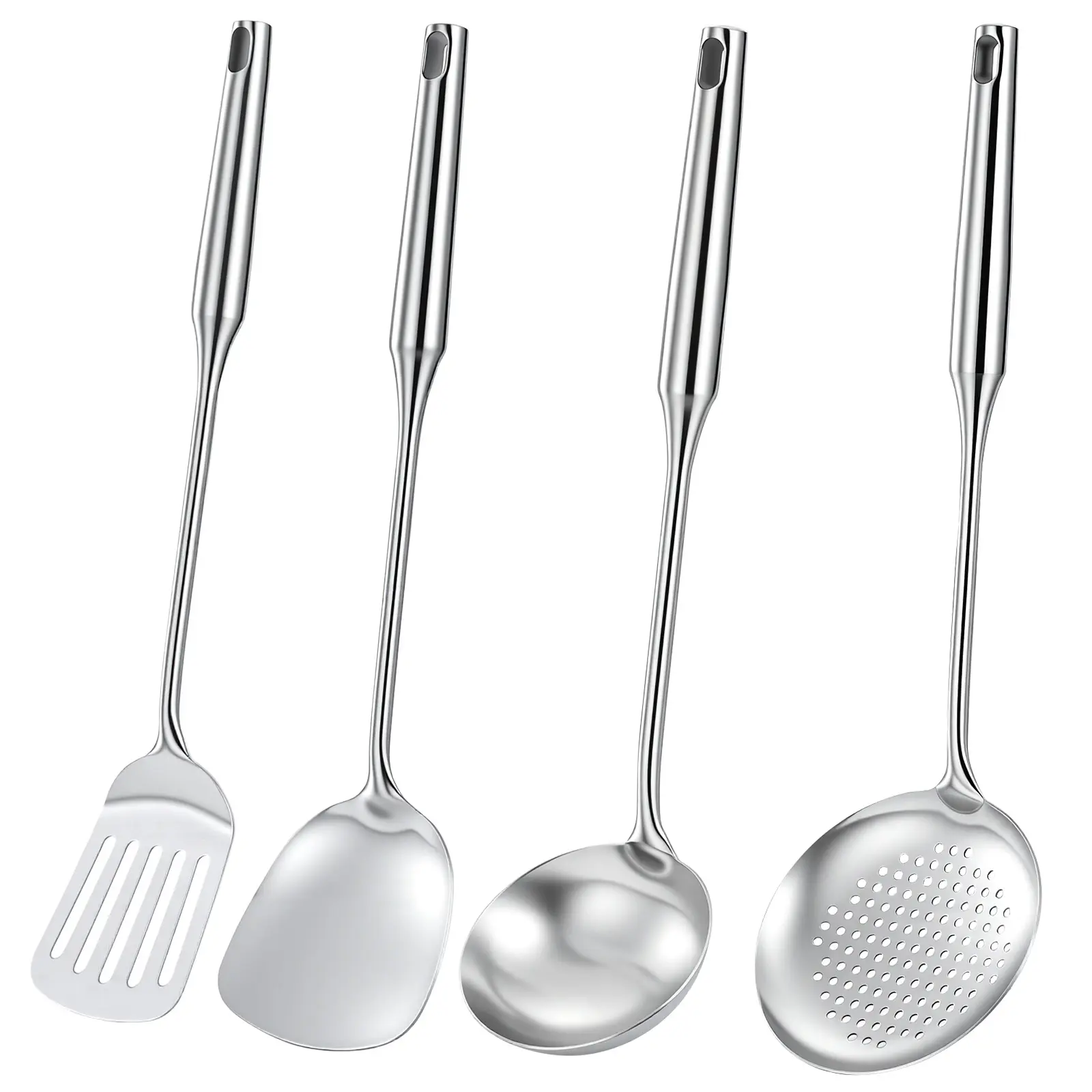 Lake Tian 4-Piece Stainless Steel Cooking Utensils Set, Metal Kitchen Tools with Solid & Slotted Wok Spatula, Serving Spoon, Ergonomic Handle, Easy to Clean