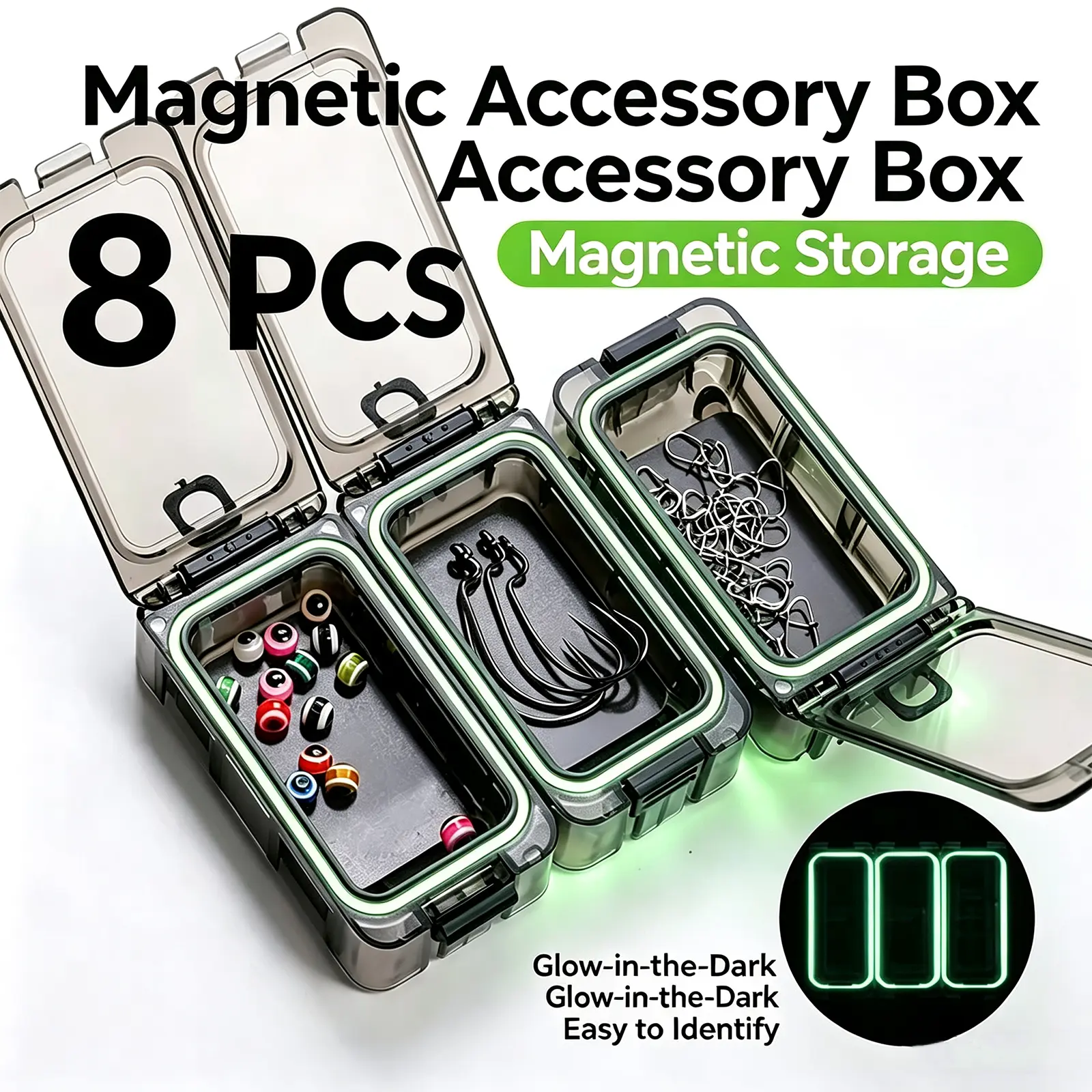 Tackle Box 8pcs Optional Combination Removable Freely Assemble Fishing Tackle Storage Cube Waterproof Fishing Tackle Organizer With Strong Magnetic Function Luminous (8, Black)