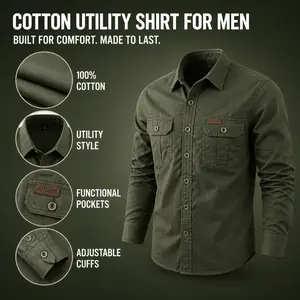 Men's 100% Cotton Long Sleeve Casual Plain Top, Loose Fit with Multiple Pockets, Comfortable & Breathable, Ideal for Daily Wear