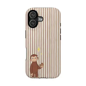 Stripe Curious George iPhone Case – Brown Stripe Cartoon Design with Cookie, Protective Phone Cover for Curious George Fans |   Cover for IPhone 17 Pro Max 17 Air 17Pro 16 15 14 13 12 11 Max Pro Samsung galaxy, Gift for her