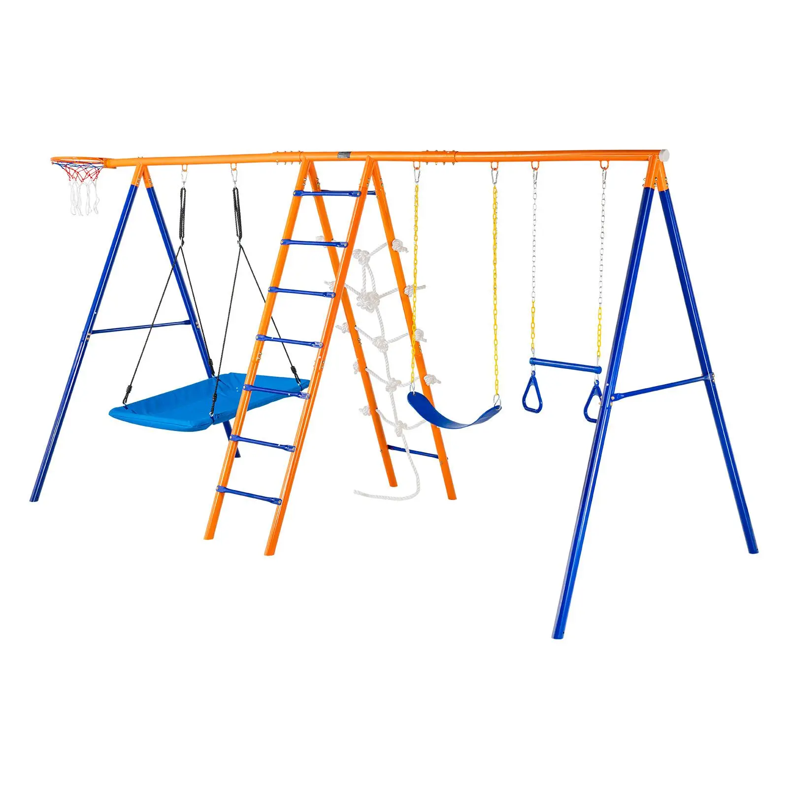 【SummerFinds】VEVOR Swing Sets for Backyard,  6 in 1 Swing Set with 2 Swings, Trapeze Bar, Climbing Ladder, Climbing Net, and Basketball Hoop, 440lbs Load Capacity Heavy-Duty Metal Swingset Outdoor for Kids Ages 3+